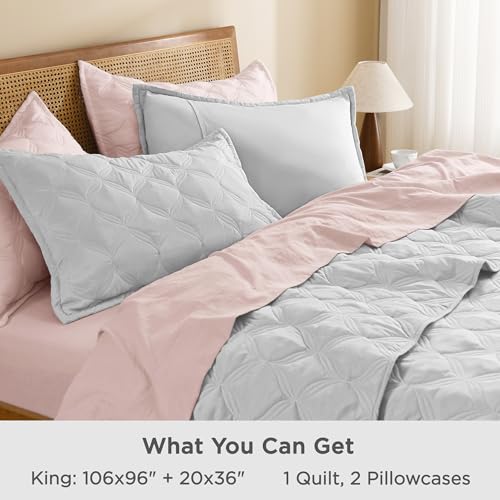 Image of Litanika King Quilt Bedding Set, 3 Pieces Light Grey Bedspreads Set