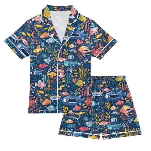 ALAZA Fish Coral Reef Blue Satin Pajamas Set Short Sleeve Button Down Sleepwear Summer Pjs 2 Piece