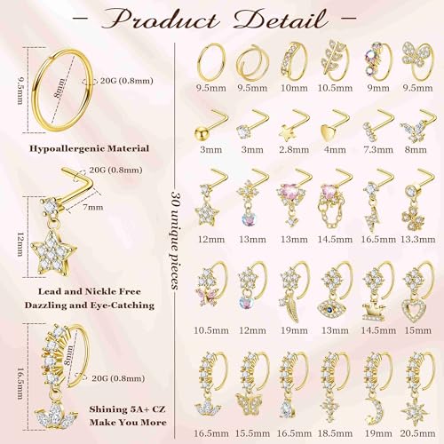 30PCS 20G Gold Dangle Nose Rings for Women L Shaped Nose Studs Dangling Nose Hoop Ring 316L Stainless Steel CZ Hypoallergenic Indian Nose Ring Eye Heart Nostril Piercing Jewelry2