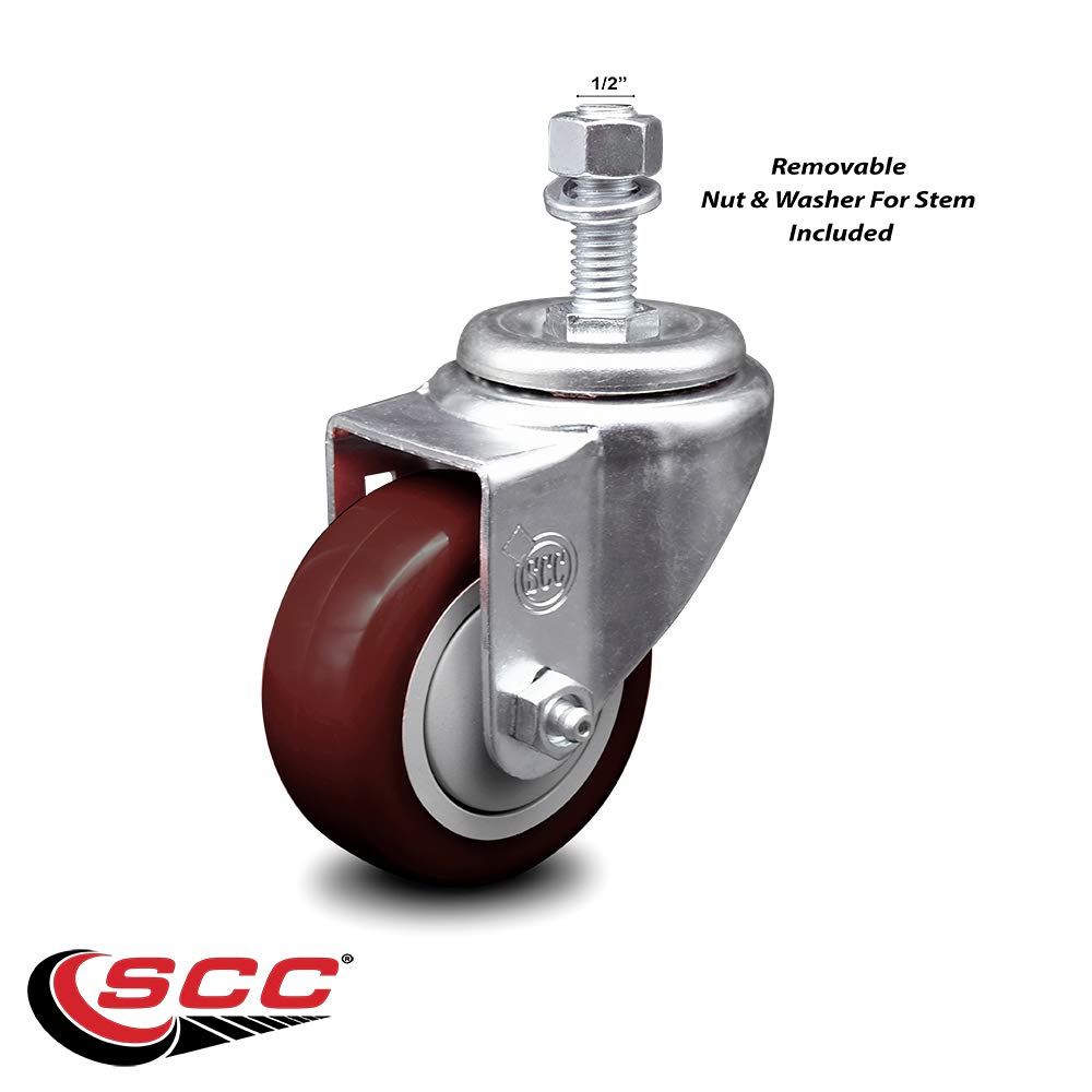 Polyurethane Swivel Threaded Stem Caster w/3" x 1.25" Maroon Wheel and 1/2" Stem - 300 lbs Capacity/Caster - Service Caster Brand
