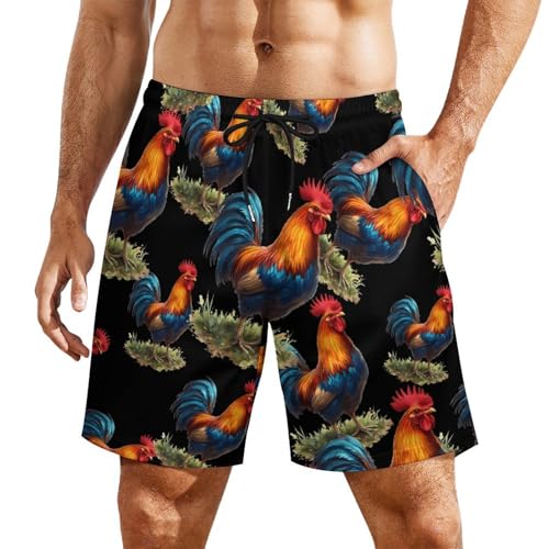 Rooster Colorful Casual Beach Shorts for Men Elastic Waist Drawstring Swim Shorts With Compression Liner