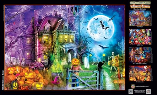Image of MasterPieces Halloween Puzzle 500 Pieces Glow in the Dark Jigsaw, Spooky Seasonal Artwork, Random Cut Jigsaw Design with Matte Finish, Vibrant Nighttime Art, Halloween Puzzles 500 Pieces Collectible