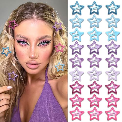 NAISKA 27Pcs Sequins Star Hair Clips Y2K Pink Blue Purple Star Snap Hair Barrettes for Women Cute Small Metal Pentagram Clips for Hair Kawaii Girls Barrettes for Hair 2000s Hair Accessories