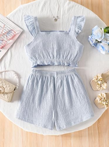 Image of Girl's Summer Clothing Sets Knit Ruffle Striped T-Shirt and Shorts 2 Piece Outfits