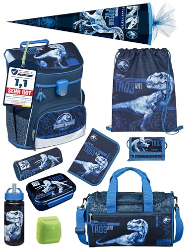 Jungen Schulranzen 1. Klasse · Scooli Campus Fit Schultasche · ergonomisch & leicht · Schulranzen Set für Jungs und Mädchen (10-teiliges Set mit Schultüte, Jurassic World Dinosaurier Dunkelblau)