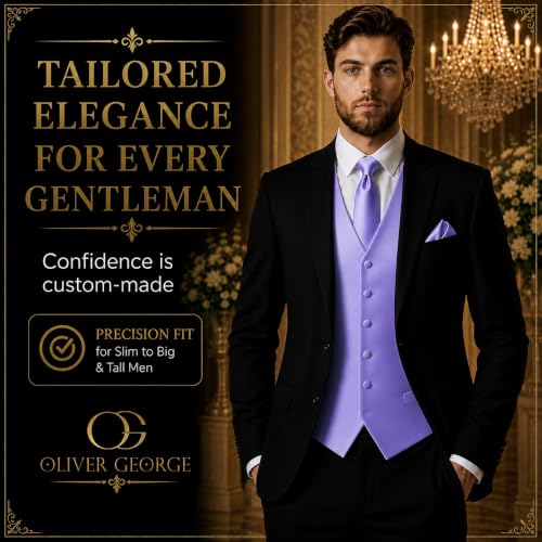 Image of Oliver George 4pc Men's Solid Formal Suit Waistcoat Tuxedo Dress Vest Necktie Bowtie Handkerchief Set for Suit or Tuxedo