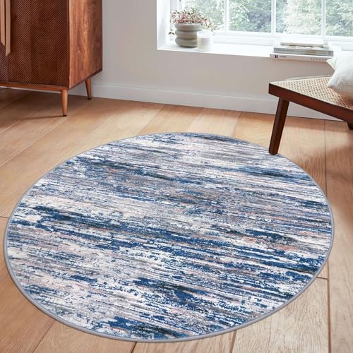Navy Blue Gray Neutral Multi 5' Round Rug Washable Rug for Entryway Soft Non-Slip Area Rugs Modern Abstract Low-Pile Carpet, Neutral Vintage Circle Rugs for Living Room Dining Bedroom Foyer