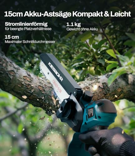 KIESBOHR 15cm Akku Astsäge CSE002, Kompatibel mit Makita 18V Akku, bürstenlose Mini Akku Kettensäge, Automatische Kettenschmierung (ohne Akku)