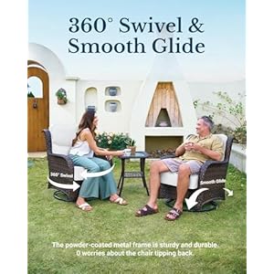 Luxury high back outdoor swivel rocker patio chairs set of 2 with 6 inch thick cushions and side table ideal for porch poolside deck and yard in cream white  urban country home decor