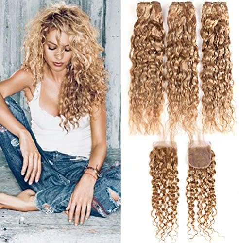 XCCOCO 27# Honey Blonde Wet and Wavy Human Hair 3 Bundles with Lace Closure Curly Hair Peruvian Remy Dark Blonde Water Wave Bundles with Closure Free Part(12 14 16+10inch Closure)