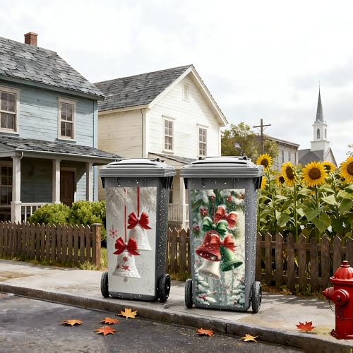 Image of 2 PC Trash Can Sticker 14.57 x 32.28 Inch Red and Green Christmas Bell Design Vinyl Sticker with Ribbon Pine Leaf and Snowflake Pattern for Outdoor Garbage Bin Yard Garden Driveway Home Holiday Decor