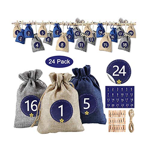 Wpond Sacs de calendrier de l'Avent en toile de jute avec autocollants de 1 à 24, cordon de serrage et clip pour enfants et adultes, loisirs créatifs, décorations de Noël comme indiqué Cover
