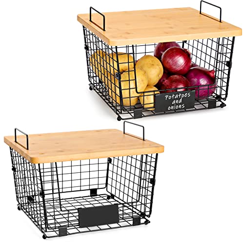 2 Set Stackable Wire Basket with Bamboo Top – Kitchen Counter, Pantry Organizer and Storage – Produce Onion Potato Fruits Vegs Bread Food Snack Spice Organizing Bin for Cabinet Shelf Countertop Floor