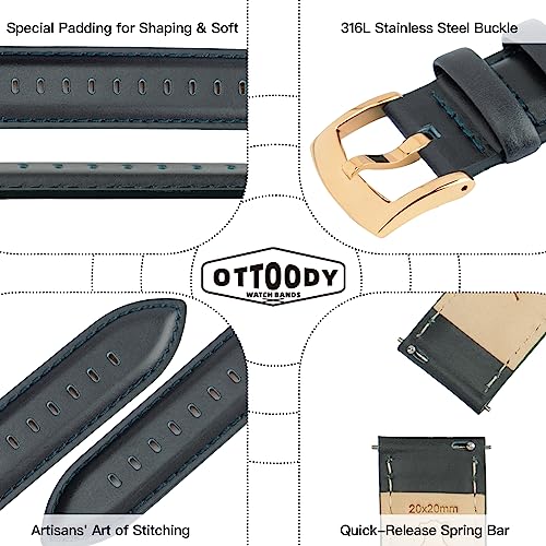 Image of OTTOODY Leather Watch Bands Quick Release, Elegant Top Grain Leather Watch Straps for Men & Women, Choice of Color & Width - 18mm, 19mm, 20mm, 21mm or 22mm Wristbands Bracelet for Watch & Smartwatch