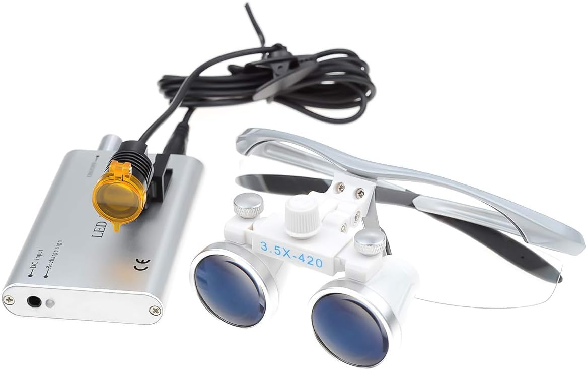 3.5X Lupa Binocular, Caja de Aluminio filtrada con Clip de Faros 3W (Plata)