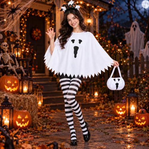 Women Ghost Costume 4 PCS Halloween Costumes 2026 Glow in Dark Poncho with Headband Stripe Tights and Bucket - image 4