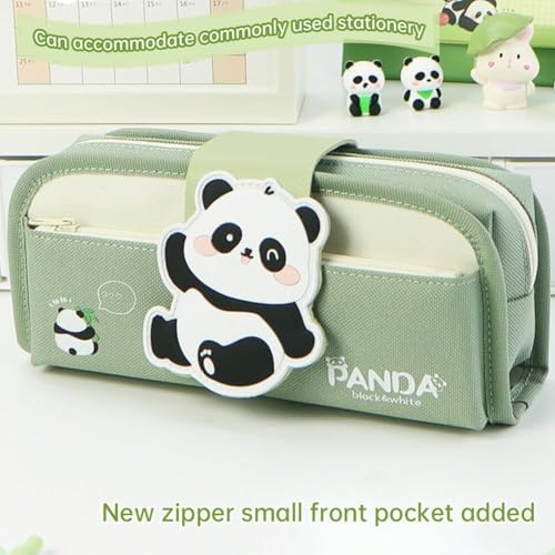 Image of Canvas School Bag Pencil Case, 3 Layer 6 Compartment Large Capacity, Aesthetic Pencil Pouch for Stationary, Cute Stationery for Kids, Pencil Case for Girls & Boys (Panda Side - Green)