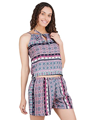 Image of Women's American Crepe Multicolor Printed Night Suit Set of Top & Shorts