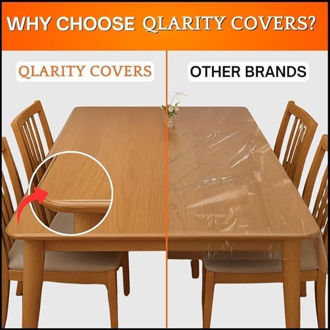 Image of Qlarity Covers 1.5mm UltraMax Shield Custom PVC Table Cloth, Clear | Waterproof clear sheet protector for dining table prevents scratches, stains & heat while maintaining furniture beauty