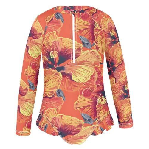 ALAZA Orange Red Hibiscus Flower Blossom Girls One Piece Swimsuit Long Sleeve Rash Guard Swimsuits UV 50+ Swimwear Zipper2