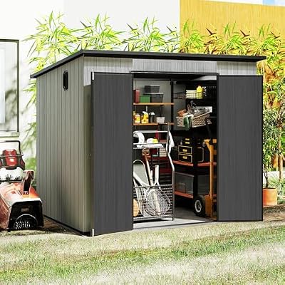Domi 6x8FT Outdoor Resin Storage Shed with Transparent Windows & Louvered Vents, Plastic Tool Shed with Double Lockable Doors & Sloping Roof, Outside Garden Shed for Backyard, Patio, Lawn, Grey