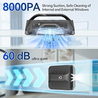Jemyths Fensterputzroboter mit 6 Wasserdüsen, 8000 PA Saugkraft, Fensterreiniger Roboter mit Intelligente Pfadplanung, 4 Reinigungswege und 100ML Tank für Innen- und Außenfenster
