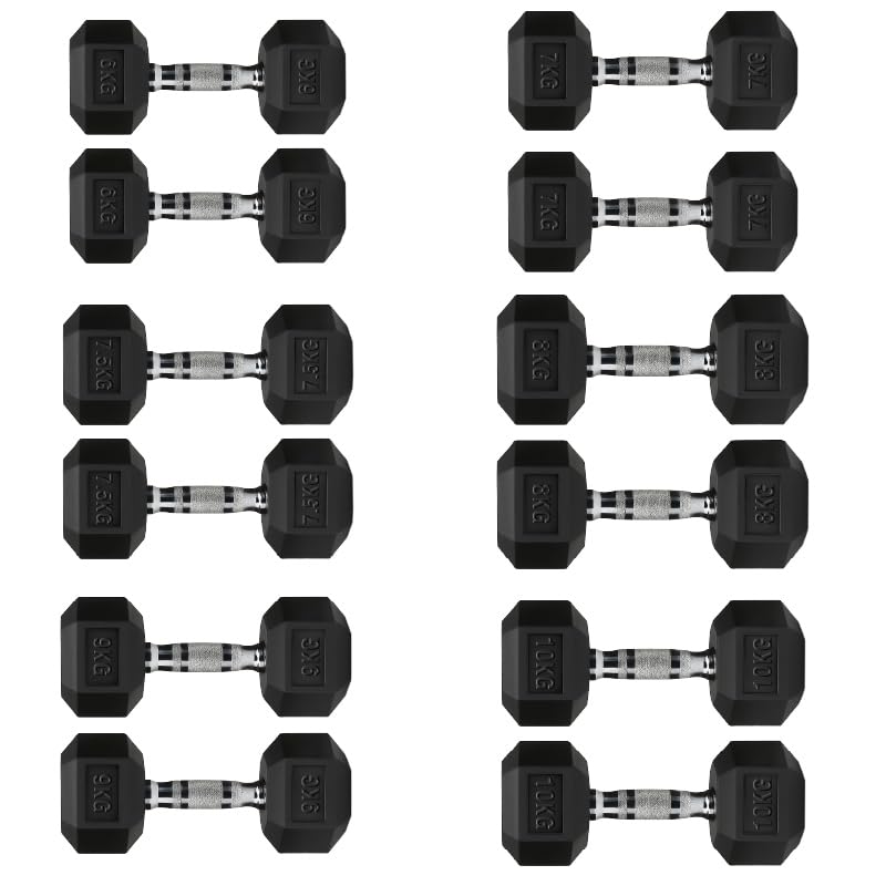 Hex Dumbbell Set, Heavy Duty Rubber Dumbbells Weights Set with Rack or Without Rack, Cast Iron Hand Free Weights for Strength Training (Weights Only, 7+7.5+8+9+10+12.5 Kg Pair Set)