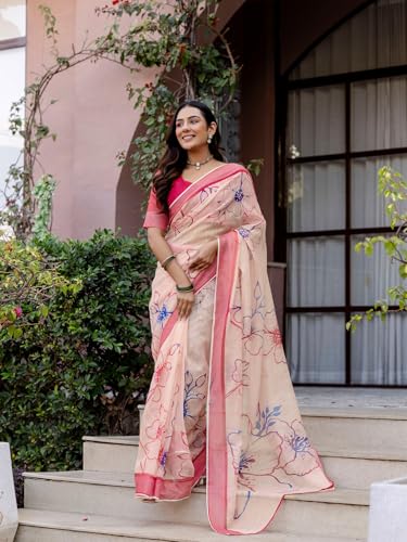 Image of SIRIL Women's Printed Cotton Linen One Minute Ready to Wear Saree With Unstitched Blouse Piece