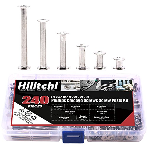 Hilitchi 240-Pcs(120 Pair) M5 x 5 / 10 / 15 / 25 / 35 / 45 Phillips Chicago Binding Screws Scrapbook Photo Albums Binding Screws Screw Post Extenders Assortment Kit