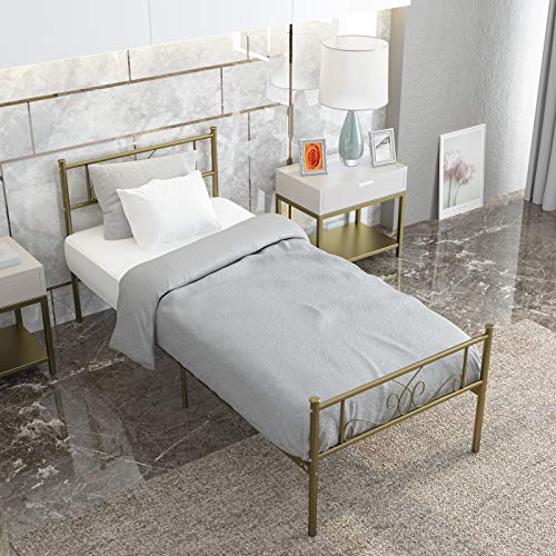 Weehom Twin Size Bed Frame, Metal Platform Bed Mattress Foundation/Box Spring Replacement With Headboard Gold #TOP3