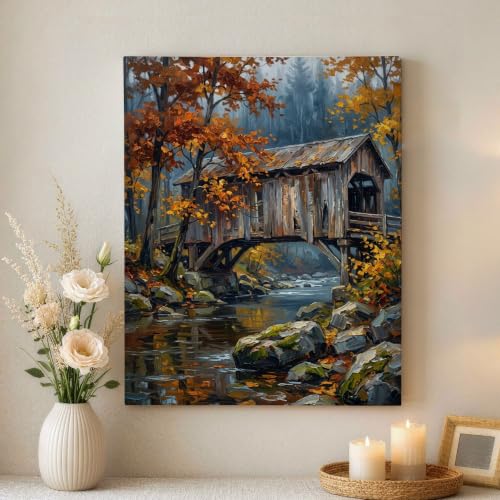 Lienzo de paisaje de otoño con árboles para decorar un salón cálido y acogedor