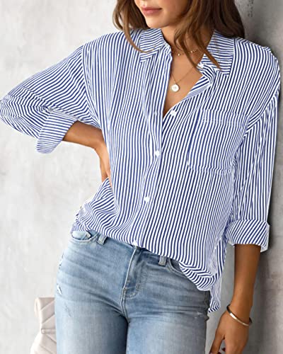 Aisew Womens Button Down Shirts Striped Classic Long Sleeve Collared Office Work Blouses Tops With Pocket (Blue, 7002M) #TOP3