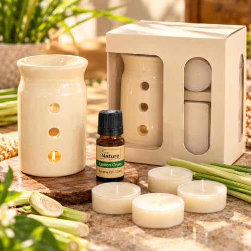 Image of Pure Source India Aroma Set with 10 ML Aroma Oil and 4 Tea Light Candles, Lemon Grass fragnance, Off White