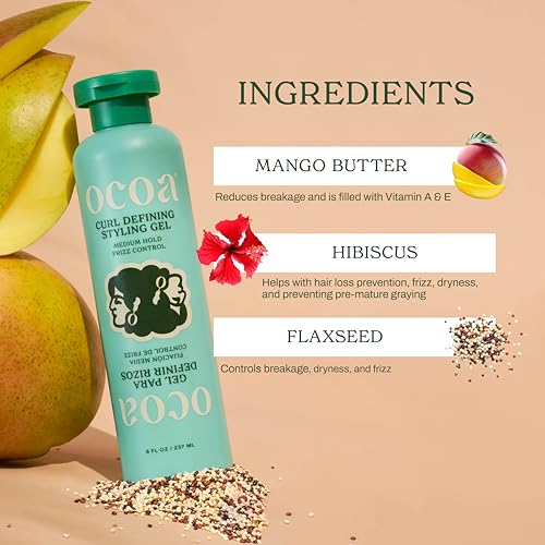 Image of OCOA Beauty Curl Defining Styling Gel with Flaxseed, Mango Butter & Hibiscus - Medium Hold for Curly & Wavy Hair - Frizz Control, Deep Hydration & Soft Defined Curls with Zero Flaking or Crunch - 8oz