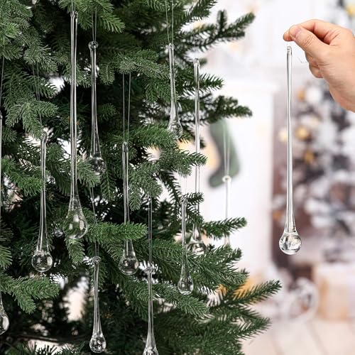 Image of 22 Pcs Clear Glass Teardrop Christmas Ornaments Crystal Raindrop Hanging Ornaments Crystal Chandelier Drop Pendant Icicles Decorations for Christmas in July Tree Party Supplies (4 Large Size)