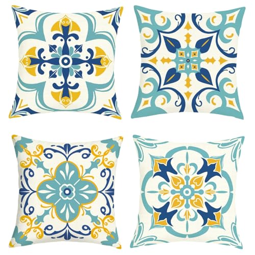 Joymaison Fundas Cojines 45x45 Juego de 4 Funda de Almohada Azul Amarillo Geométrico Flores Cojines Fundas Mandala Flores Mediterránea Cojine Decorativas para Sofá Salón Silla