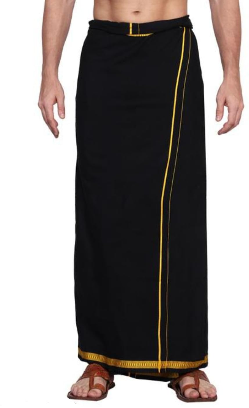 Men's 100% Pure Cotton White and Black Dhoti with Golden Zari Border-picture-35