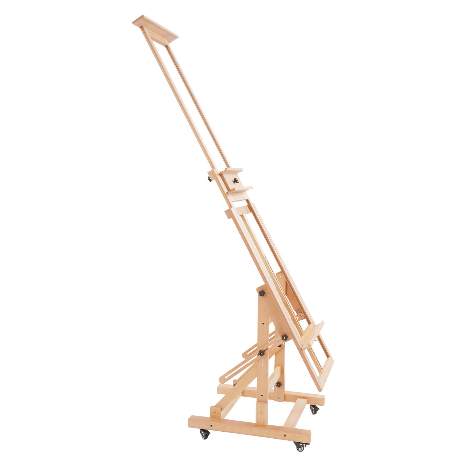 Caballete de pintura artística, con marco en H, con ruedas, caballete profesional de estudio robusto para adultos, caballete de suelo, 140-300 cm, rango de ajuste de altura (madera natural)