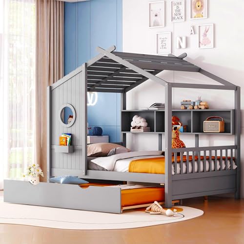 Image of Full Size House Bed with Roof and Window for Kids, Wooden Playhouse Bed with Storage Shelves and Trundle for Bedroom Furniture Girls & Boys (Grey /T2)