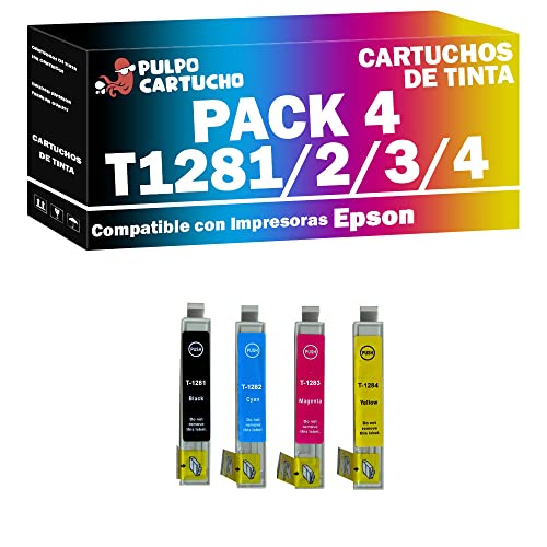 Pulpo Cartucho   Pack de 4 Cartuchos de Tinta Genéricos T1281, T1282, T1283, T1284 Compatible con Epson T1285 / Ref. C13T12854012   para Impresoras Stylus Office BX305, S22, SX125, SX235W, SX420W