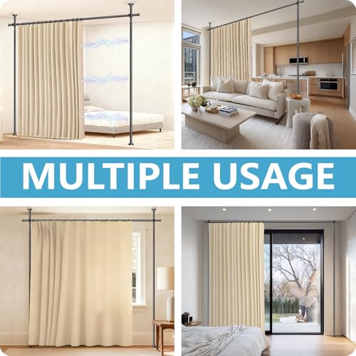 Image of JILRON No-Drill Divider for Room Separation Set: Includes 106 inch W x 96 inch L Beige Curtain & Adjustable Pole Brackets (35-100 inch W x 43-120 inch H Adjustable Range)