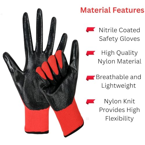 Image of Nylon Safety Work Gloves with Nitrile Coating - Industrial-Grade Protection for Cleaning, Warehouse, Mechanics, Construction - Durable, Flexible, Non-Slip Grip (Red & Black, 20 Pair)