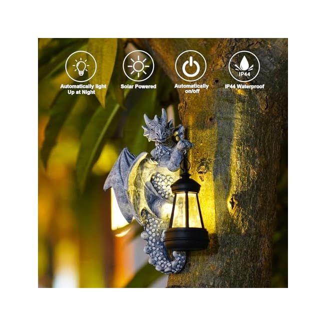 Goodeco Dragon Tree Hugger Solar Lantern Garden Statue, 9.3 Inch Resin Dragon Decor for Outdoor