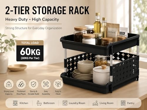 Image of KITCHIVO Multipurpose Storage Rack Organizer with Stainless Steel Pipes | Heavy Duty Plastic Shelf Stand for Kitchen, Bathroom, Laundry & Pantry (Black, 2 Layer)