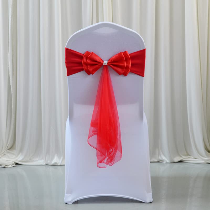 Bianco/Rosso Elasticizzato Spandex Sedia Fiocco Nodo Fasce Con Farfalla Nastro In Organza Per Decorazioni Di Nozze Telai Della Sedia Fiocco-A12,100pcs