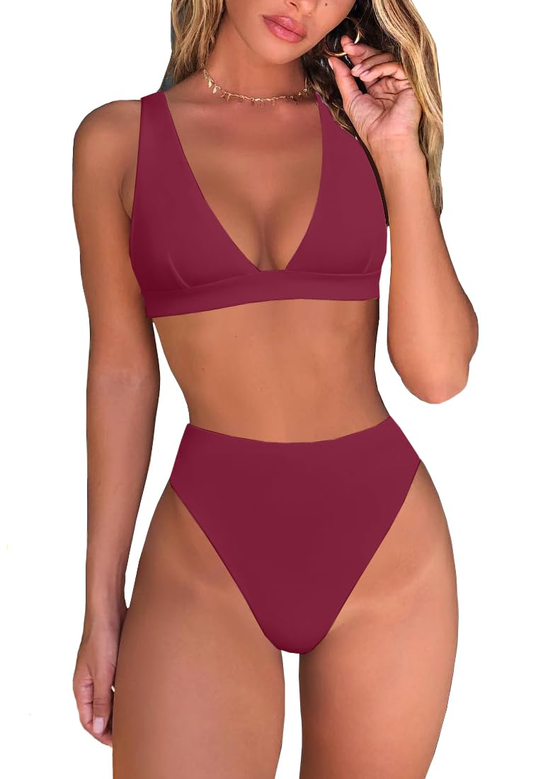 Womens High Waisted Thong Bikini Sets Sexy Brazilian Triangle Top Deep V Neck Two Piece Swimsuit Bathing Suits