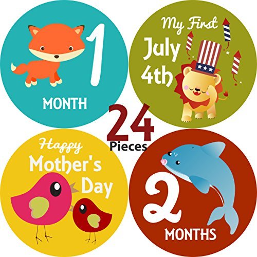 Mesmerico 24 Baby Monthly Holiday Stickers - Baby Boy Girl's First Year Month Age Growth Milestones - Month Stickers for Baby Onesie Belly Animal Stickers Unisex - Unique Baby Shower Newborn Gifts