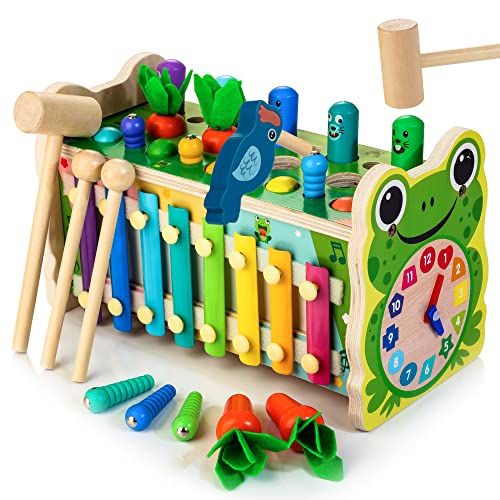 Frosch Hämmerspielzeug Schlagzeug Musik Spielzeug Xylophon, 6 in 1 Holzspielzeug, Multifunktionale Spielzeugkiste, Montessori-Entwicklungsspielzeug, Geschenk für Kinder ab 3 Jahren, 3 4 5 6 7 8 Jahre