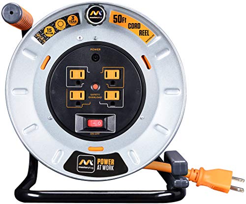 Masterplug Power At Work Metal Steel Drum With Four Powered Outlets, Open Cord Reel With Winding Handle, Safety Overload Circuit Breaker And Power Switch, 50 Feet 12Awg, High Visibility Cord, Orange #TOP1