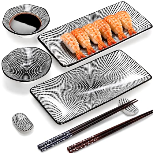 Pumtus 8 Pcs Sushi Plate Set Ceramic Sushi Serving Set for 2 Japanese Sushi Dinnerware for Wedding Housewarming Includes 2 Serving Dishes 2 Sauce Bowls 2 Pairs of Chopsticks 2 Chopstick Holders